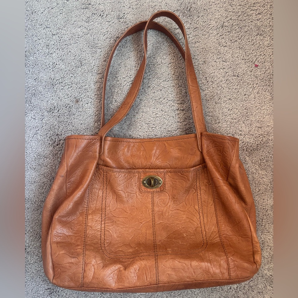 American Leather Co Brown Genuine Leather Embossed Shoulder Bag Boho Western - Picture 14 of 16
